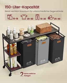 Wasmand 150L met 3 Vakken en Wielen – Metalen Frame met Houten Bovenblad & 2 Zijplanken – Uitneembare Waszakken – Laundry Sorter — thumbnail 2