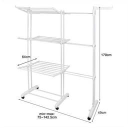 Droogrek-Wasrek-Kledingdroogrek met3 Niveaus-Uitschuifbare Wasdroogrek met Verstelbare Hoogte (75-142,5 cm)-Vrijstaand Zwaar Metaal Frame-Met wielen-(Zwart + Licht Wit) — thumbnail 1