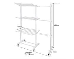 Droogrek-Wasrek-Kledingdroogrek met3 Niveaus-Uitschuifbare Wasdroogrek met Verstelbare Hoogte (75-142,5 cm)-Vrijstaand Zwaar Metaal Frame-Met wielen-(Zwart + Licht Wit)