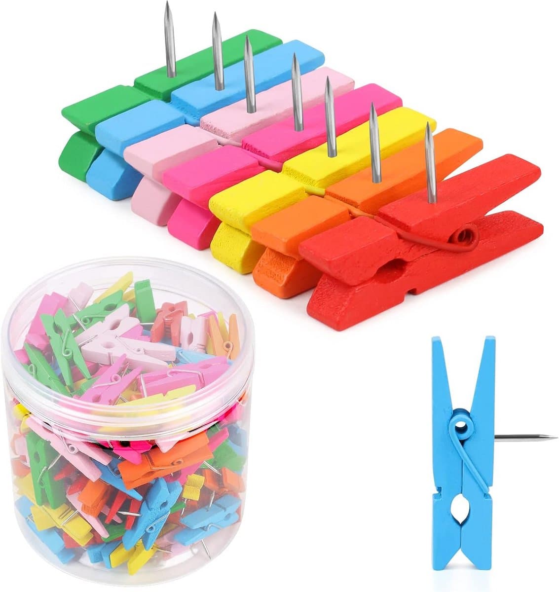 Kleurrijke pushpins met houten clips - 130 duurzame duwpennen voor kunst, notities en decoratie — afbeelding 1