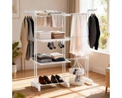 Soontrans Metalen Wasrek Met Wielen – Inklapbaar & Uitschuifbaar, 3 Verdiepingen Droogtoren 66x50x170cm, Multifunctioneel Voor Binnen/Buiten/Balkon, Stevig en Langleven, Inclusief 2 Sokkenclips en 1 Dubbellaagse Droogmand (Wit) — afbeelding 1