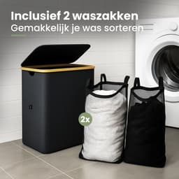 Nince Wasmand - 2 Vakken - 141L - Met Deksel - Wassorteerder - Uitneembare Waszakken - Bamboe - Opvouwbaar - Zwart — thumbnail 4