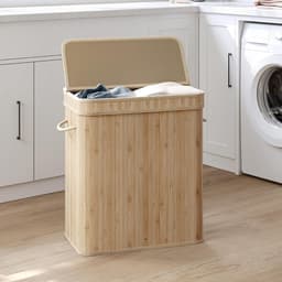 Wasmand Vuilewasmand met deksel handgrepen en uitneembare waszak Grote capaciteit van 100 liter opbergruimte Stevig en duurzaam bamboe frame Stijlvolle, eenvoudige en moderne uitstraling 34,5 x 54,5 x 61 cm naturel — thumbnail 3