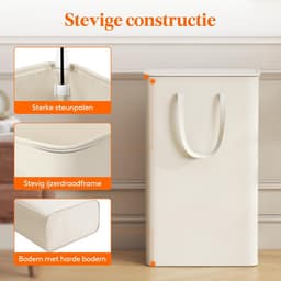 Set van 2 Slanke Wasmanden van 65 Liter – Opvouwbare Smalle Wasmand met Deksel, Verstevigde Bodem en Verlengde Handvatten – Ruimtebesparende Kledingopberger voor Slaapkamer, Badkamer en Wasruimte – Wit — thumbnail 2