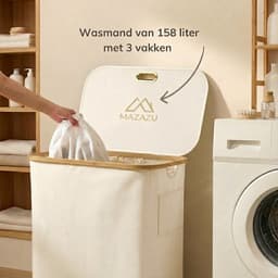 MAZAZU Wasmand met 3 Vakken - 150 Liter - Beige & Bamboe - Wassorteerder met Deksel - Uitneembare Waszakken - Incl. Labels & Zijvak — thumbnail 3