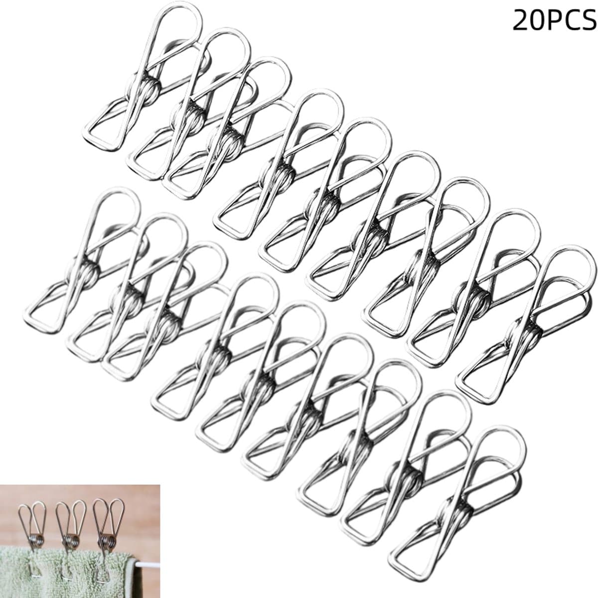 20 stuks - Multifunctionele winddichte wasknijpers - kledingrek van roestvrij staal - duurzame metalen klemmen - voor kleding, handdoeken en wasgoed - 4.5×1.2×2.4cm - zilver — afbeelding 1