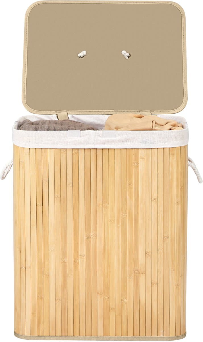 SONGMICS LCB014Y01V1 - Wasmand met Deksel - 2 Vakken - Uitneembare en Wasbare Waszak - Bamboe — afbeelding 1
