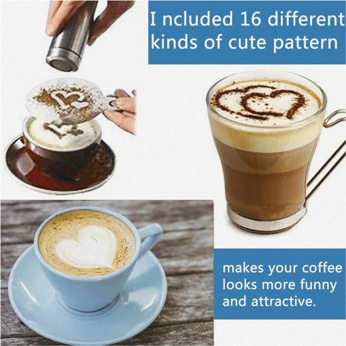 Koffie Decoratie Stencils Set - 16 stuks - Wit - Kunststof — afbeelding 1