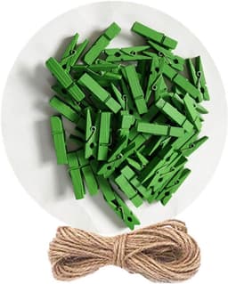 Houten Wasknijpers - Mini Clips - Foto's Ophangen - Met Jute Touw - 50 stuks - Groen — thumbnail 1