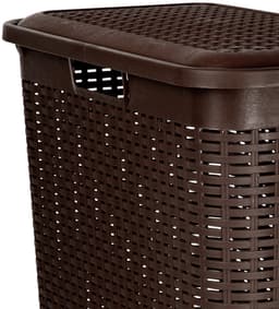 Plasticforte Smalle Wasmand met deksel Rotan - 2x - donkerbruin - gevlochten kunststof - 48 liter - 27 x 46 x 60 cm — thumbnail 3