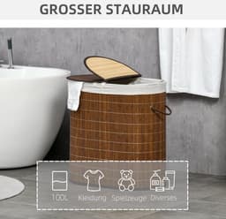 Merax Bamboe Wasmand 100L – Met Deksel en Handgrepen – 2 Vakken en Uitneembare Waszak – Wäschesortierer – 62,5 x 37 x 60,5 cm – Bruin — thumbnail 5