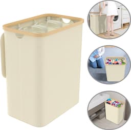 Wasmand 3 Vak – Wasverzamelaar met Deksel en 3 Wasbare Waszakken, Oxford Stof, 140L, Ideaal voor Badkamer en Wasruimte, Beige — thumbnail 1