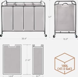 Wassorteerder 4 vakken - robuuste oprolbare vergrendelbare wielen - uitneembare zakken - waszakken - Organizer voor wasruimte wassorteerder — thumbnail 4