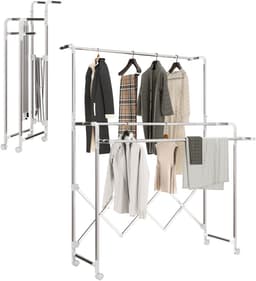 Droogrek opvouwbaar binnen met 3 verstelbare stangen en 4 wieltjes 104-150 x 103 x 145-197 cm zilver — thumbnail 1
