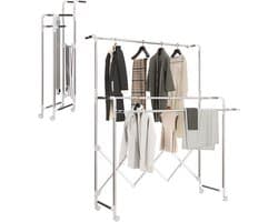 Droogrek opvouwbaar binnen met 3 verstelbare stangen en 4 wieltjes 104-150 x 103 x 145-197 cm zilver