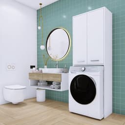 Kast boven wasmachine - Badkamerkast Hoge kast - Badkamer Organisatie - Met 4 legplanken - 64x180x30 cm - Wit — thumbnail 2