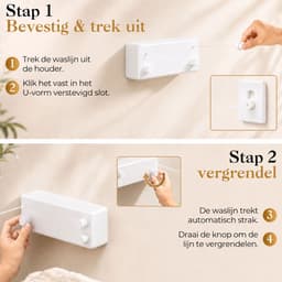 cozy.® Waslijn Uittrekbaar - Waslijndraad met stalen kern - Ook zonder boren - Wasdraad - Roldrooglijn - Drooglijn - Ruimtebesparend - 8.4 m (2x 4.2m) Drooglengte - Binnen en Buiten - Wit — thumbnail 5