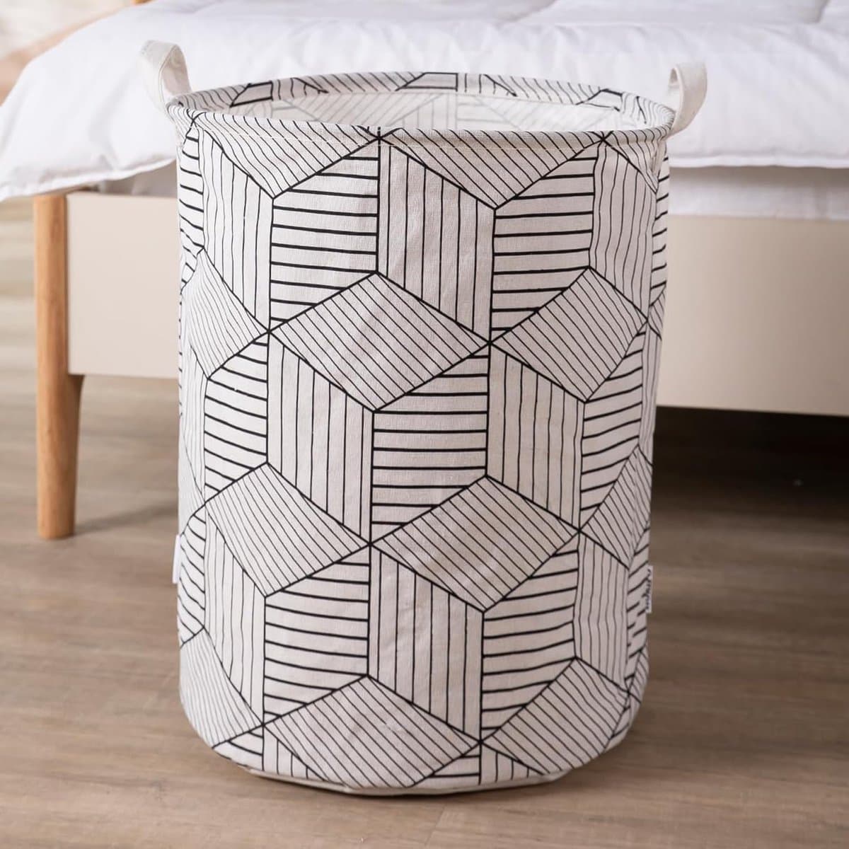 1 stuk - Wasmand - Katoen/linnen wasmand - Opbergemmer - Opbergtas - Opvouwbaar - Katoen/linnen materiaal - Waterdicht - Geschikt voor het opbergen van vuile kleding, speelgoed en huishoudelijke artikelen - 43*35 cm - Witte kubus — afbeelding 1