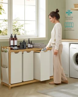 Damenzo - Wasmand - Wasmand met deksel - Kleding - Waszak - 4 Vakken - Wassorteerder - 200 Liter -124,6x33x78 cm - Wit - Bamboe — thumbnail 4