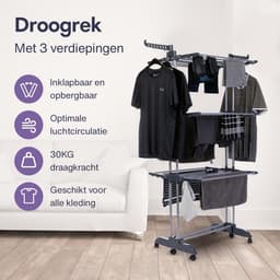 Waskrek - Droogrek Torens - Kleding Drogen - Opvouwbaar Met Wielen - 45 x 75 x 173 cm - Zwart — thumbnail 2