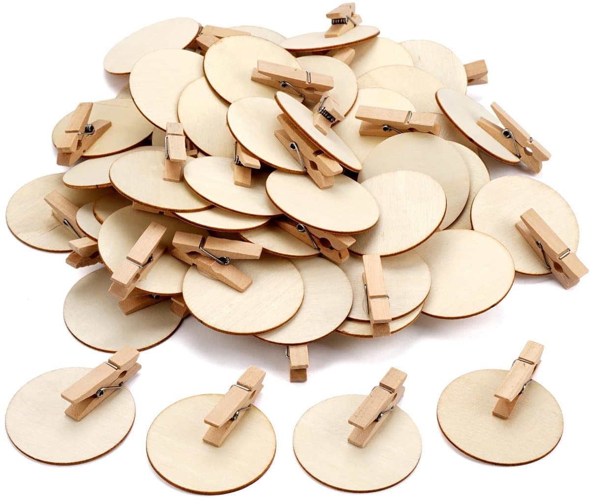 Dailygoods- Houten Klemmen 50 Stuks - 4,8 cm - Natuurlijk - Ronde Schijf - Knutselklemmen - Decoratieve Klemmen - Mini Klemmen voor Ansichtkaarten — afbeelding 1