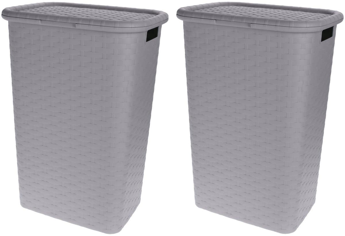 Benson Wasmand - 2x - rotan - met deksel - lichtgrijs - 60 liter - 33 x 44 x 60 cm - kunststof — afbeelding 1