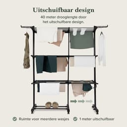 Jubbly® – Uitschuifbare Droogtoren – Inklapbaar Wasrek – Uitgerust met Wieltjes – 4 Verdiepingen – 40 meter Drooglengte – 45 kilo Draaggewicht – Wastoren Staand – Droogrek op Wielen - Zwart — thumbnail 3