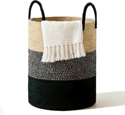 Gevlochten wasmand met handvat, rond en groot 38 x 50 cm, ideaal voor dekens, speelgoed en wasverzameling in woonkamer of wasruimte (driekleurig) — thumbnail 1