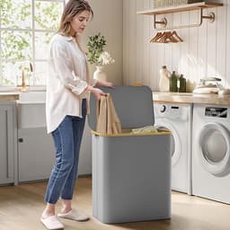 Wasmand 60 x 38.5 x 70.5 cm, grijs met deksel, 3 vakken voor vuile was, met 3 afneembare mesh voeringen. Grote capaciteit van 150 liter, modern en eenvoudig design — thumbnail 3