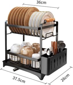 Afdruiprek – Droogrek – Serviesrek – Bestekrek – Keukenrek – 2-Laags RVS – Compact Zwart Design 36x26x37 cm — thumbnail 1