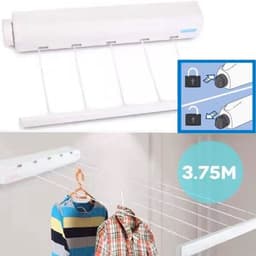 Wandwaslijnen - Roldrooglijn - 5 Waslijnen Tot 3.75 M Traploos Uittrekbaar - Praktisch Rolsysteem-Voor Wandmontage Incl-Bevestigingsmateriaal - Wit — thumbnail 5