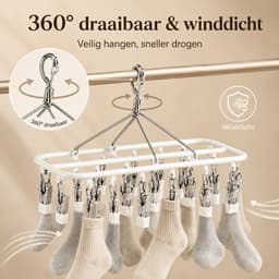Bobypet - Droogrek - Sokken drogerrek - 2 Stucks - Winddicht & Roestvrij - Wasrek met Knijpers - 360° Draaibaar Droogrek RVS - Voor Sokken & Ondergoed - Wit — thumbnail 4