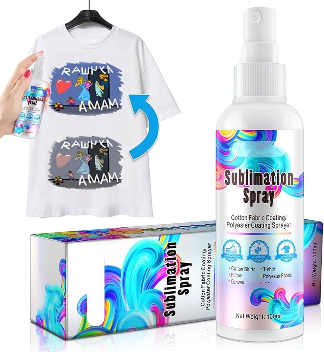 100 ml sublimatie coatingspray voor katoenen en polyester stoffen, T-shirts, canvas zakken, sneldrogend, super hechting, hoogglans — afbeelding 1