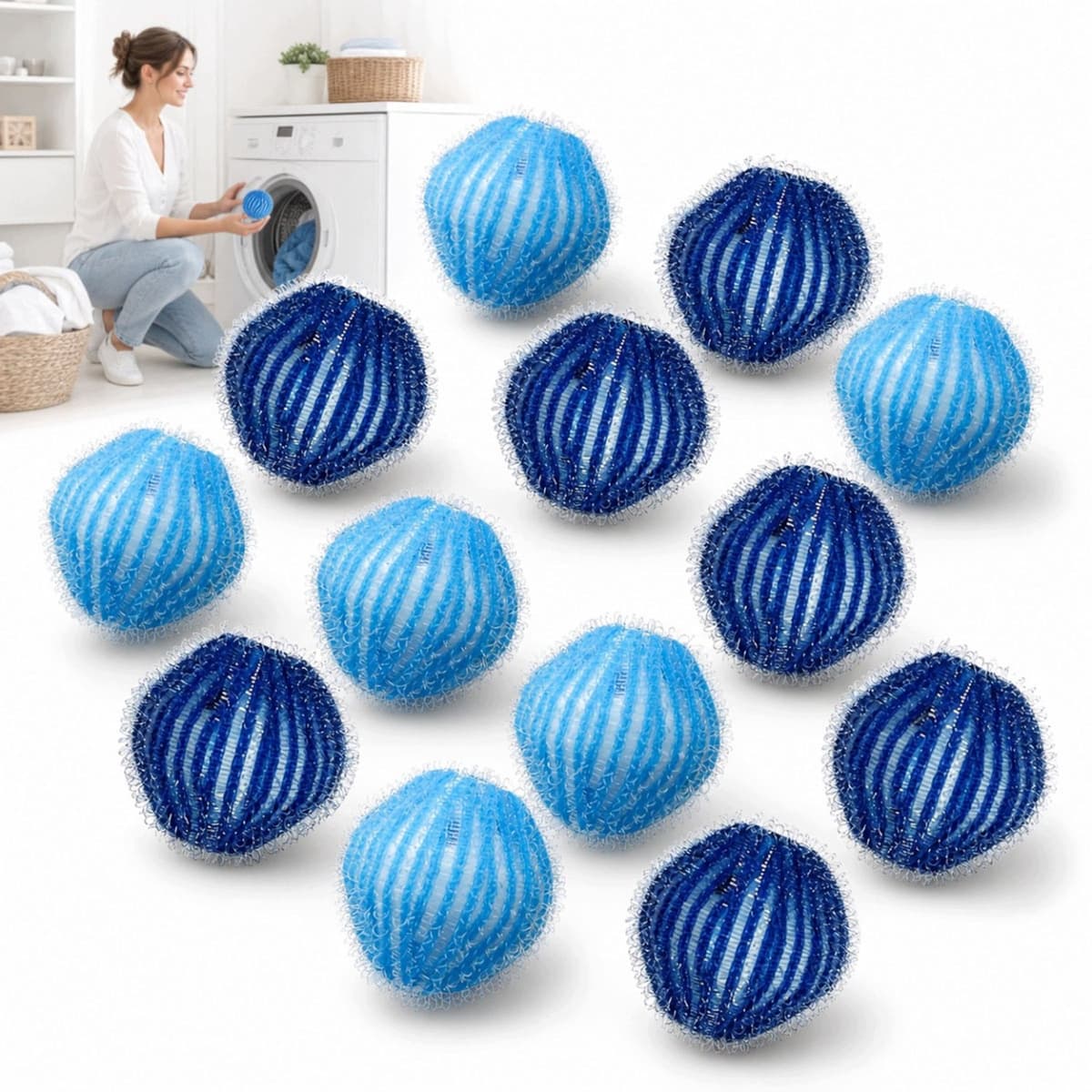 12x Witte/Blauwe Wasballen - Verwijdert Pluisjes, Haren & Dierenvacht — afbeelding 1