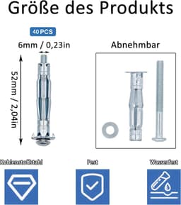 40 stuks holwandanker, M6 x 52 holle ruimte metalen ankerset, koolstofstaal, expansie-moeren, holle ruimte metalen pluggen, voor gipswanden, houten bekleding, ijzeren deuren — thumbnail 5