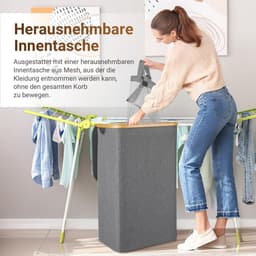 Wasmand met deksel, 160 liter, wasmanden met handgrepen, opvouwbare wasverzamelaar met uitneembare waszakken, extra groot, voor bijkeuken, slaapkamer, grijs — thumbnail 5