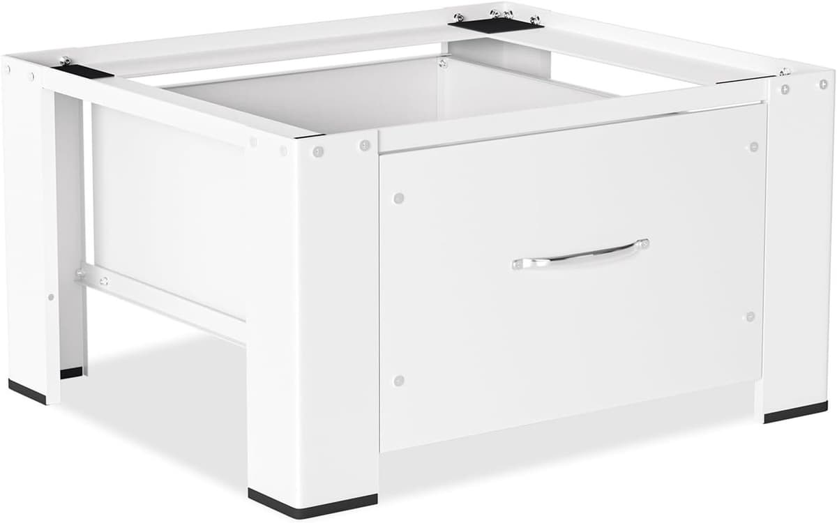 Wasmachine-onderstel met lade tot 150 kg, wasmachineverhoging met lade, wasmachineonderkast sokkel max. stalen voetstuk 62,5 x 54,5 x 32,5 cm, wit — afbeelding 1