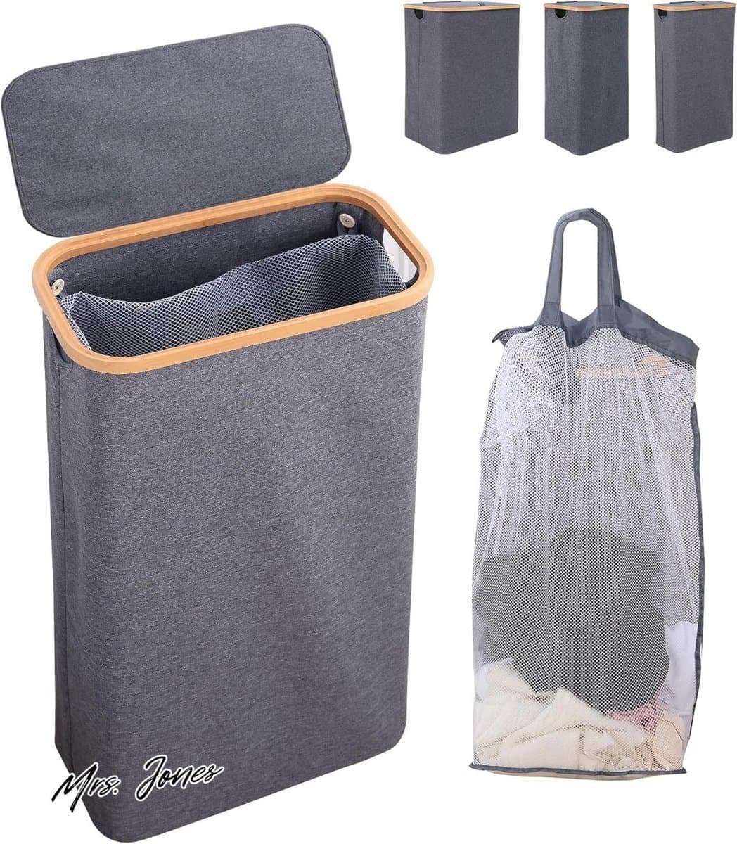 Mrs. Jones Wasmand met deksel 70 liter smalle wasbox met bamboe handvat en binnenzak opvouwbare wasbox-wassorteerder voor bijkeuken yoga-organizer donkergrijs. . — afbeelding 1