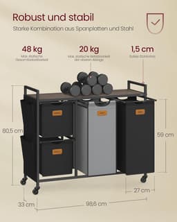 FurnStar - Wasmand 4 vakken - Wasverzamelaar 150 l - Wassorteerder - Waswagen met plank - Waszak - Kleine zijzakken - 6 etiketten - 98.6 x 33 x 80.5 cm - Kastanjebruin-Inktzwart-Duifgrijs — thumbnail 4
