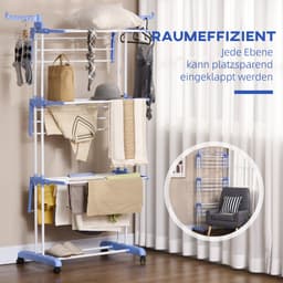 OKWISH Droogtoren Met Wielen En 4 Lagen 73 X 64 X 177 Cm Uitklapbaar Staal Blauw Voor Binnen En Buiten Met Dubbele Ophanghaken — thumbnail 2