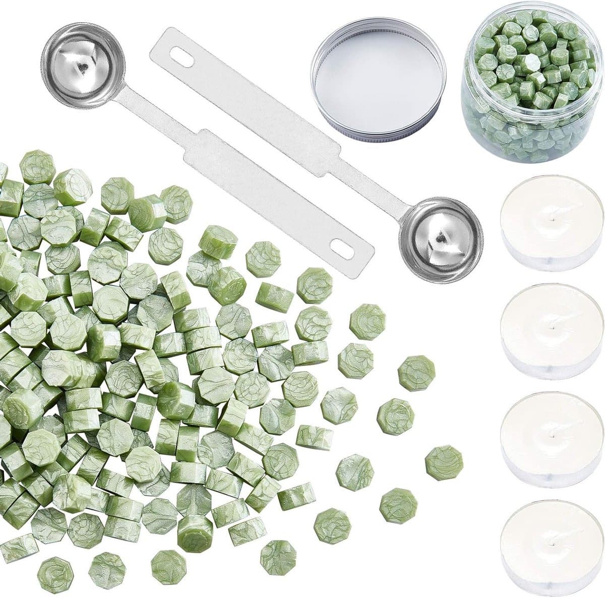 Pakket van 300 wasbolletjes voor het maken van waxzegels met 4 theelichten en 2 smeltlepels (groen) — afbeelding 1