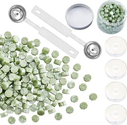 Pakket van 300 wasbolletjes voor het maken van waxzegels met 4 theelichten en 2 smeltlepels (groen) — thumbnail 1