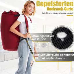 Waszak, vuile was, XXL, 115 liter, waszak voor op reis met 2 gevoerde schouderbanden, opvouwbare opbergzak, kledingtas, plunjezak, rugzak (rood) — thumbnail 3