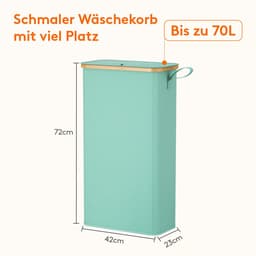 Wasmand met Deksel, Smalle Wasmand, Laundry Basket met Bamboe Frame, Uitneembare Zak en Handgreep, Voor Slaapkamer, Badkamer, Wasruimte, 65L, Turquoise — thumbnail 2