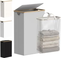 Slimme Wasmand met Deksel, Smalle Wasmand met Verwijderbare Tas, Opvouwbare Vuilwasmand met Handvatten voor Badkamer, Slaapkamer en Wasruimte, 75L, Lichtgrijs - Ideaal voor Organisatie en Ruimtebesparing — thumbnail 1