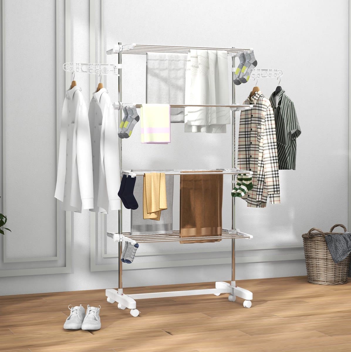 MEUNIQ Droogtoren 142 x 55 x 172 cm met 4 niveaus, inklapbaar, met 6 wielen en rem, verstelbare zijvleugels, wit, voor binnen en buiten — afbeelding 1