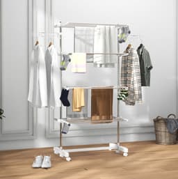 MEUNIQ Droogtoren 142 x 55 x 172 cm met 4 niveaus, inklapbaar, met 6 wielen en rem, verstelbare zijvleugels, wit, voor binnen en buiten — thumbnail 1