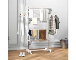 MEUNIQ Droogtoren 142 x 55 x 172 cm met 4 niveaus, inklapbaar, met 6 wielen en rem, verstelbare zijvleugels, wit, voor binnen en buiten