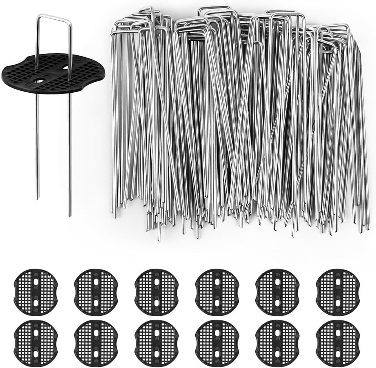 SnelShoppen - Weed Membrane Pegs 100 stuks + 12 Buffer Ringen, 150mm U-Vormige Tuinpinnen voor Onkruidmembranen, Voorzien van Stalen Grondpennen voor — afbeelding 1