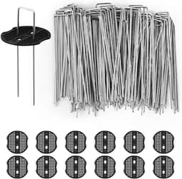 SnelShoppen - Weed Membrane Pegs 100 stuks + 12 Buffer Ringen, 150mm U-Vormige Tuinpinnen voor Onkruidmembranen, Voorzien van Stalen Grondpennen voor — thumbnail 1